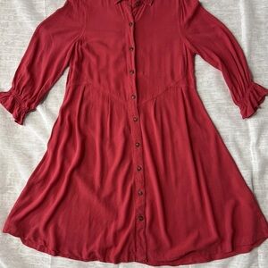 Elegant Long Sleeve Button-Down Dress in Deep Red